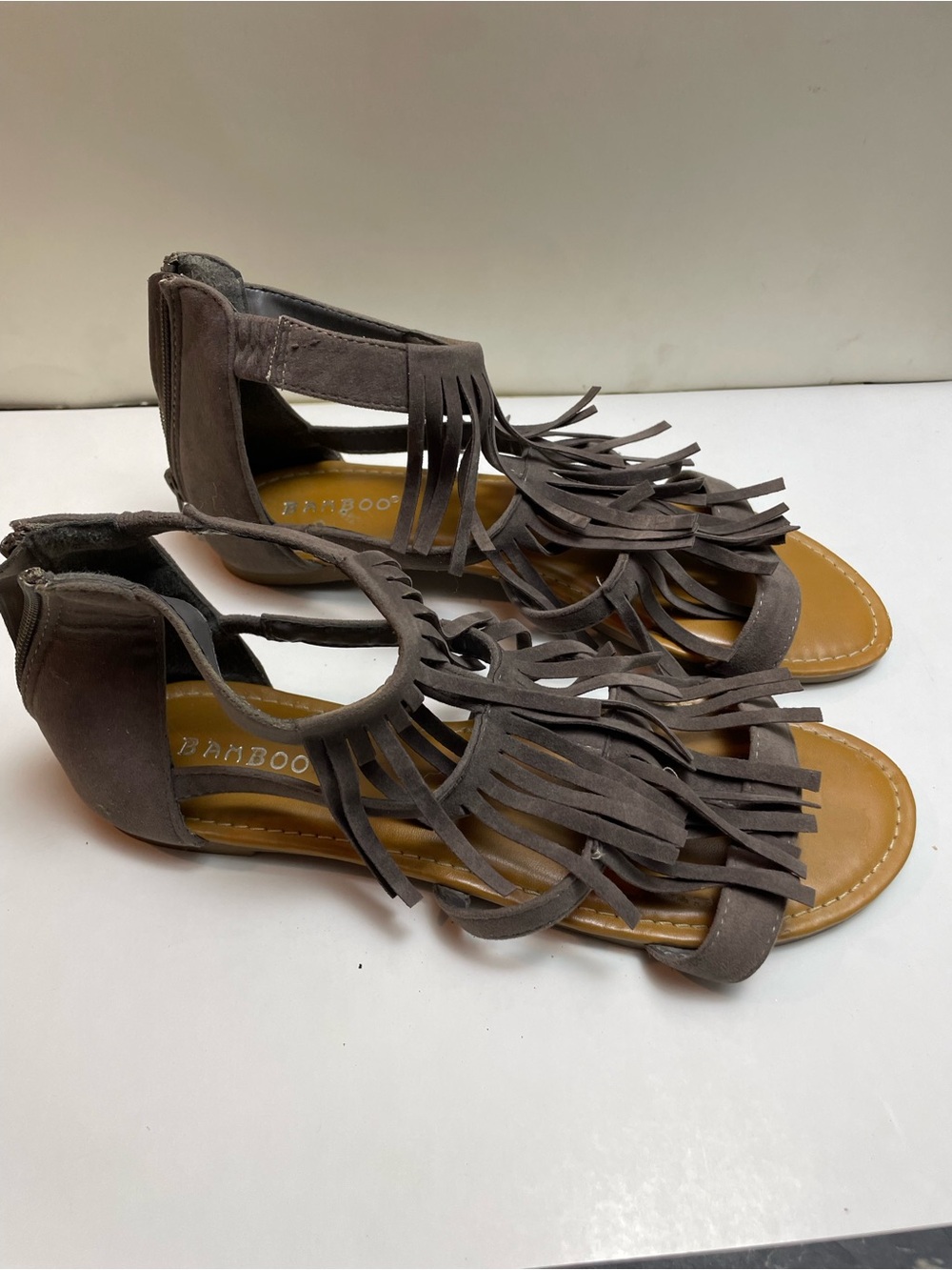 BAMBOO Taupe Fringe Gladiator Sandals for Women